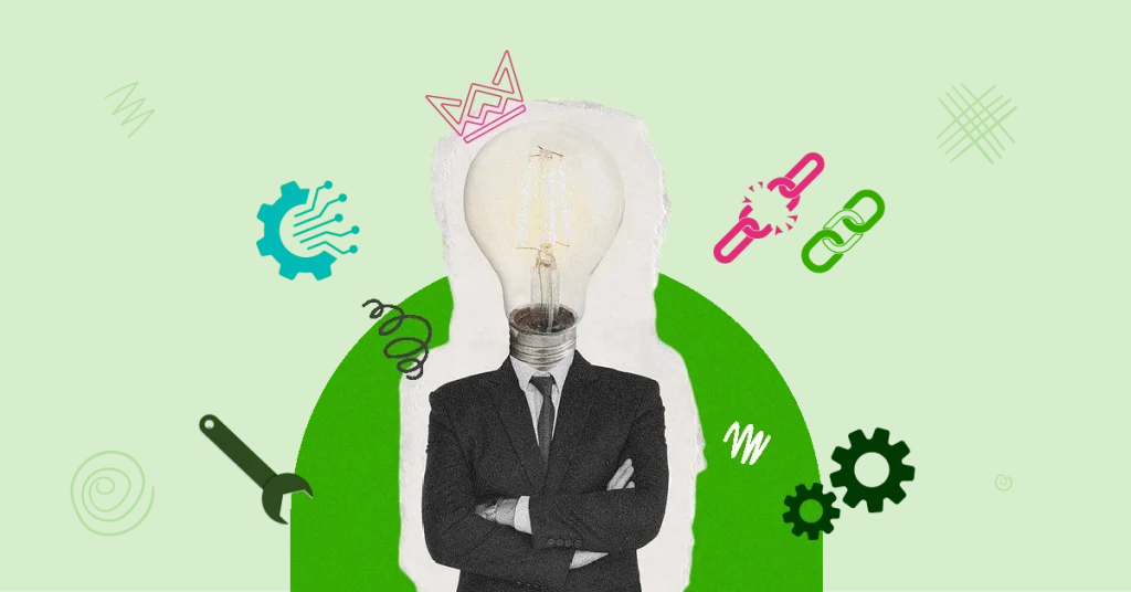 Person with a light bulb for a head, symbolizing ideas, surrounded by gears, links, and tools for broken link building strategies and techniques.