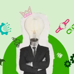 Person with a light bulb for a head, symbolizing ideas, surrounded by gears, links, and tools for broken link building strategies and techniques.