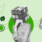 Person with a Rubik's cube head thinking, a magnifying glass, symbolizing problem-solving, analysis, and targeting low-hanging fruit keywords.