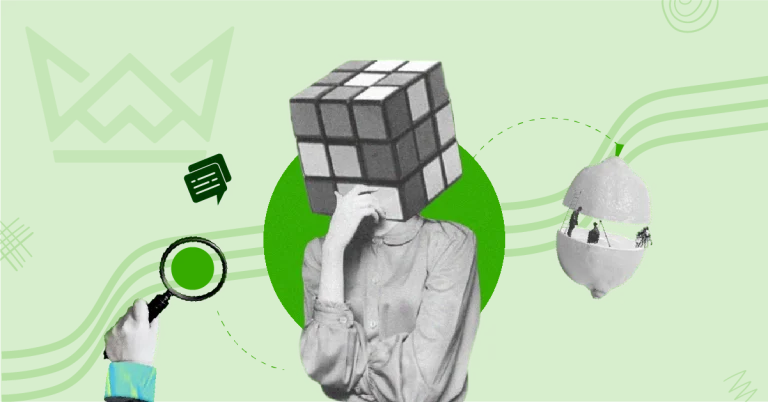 Person with a Rubik's cube head thinking, a magnifying glass, symbolizing problem-solving, analysis, and targeting low-hanging fruit keywords.