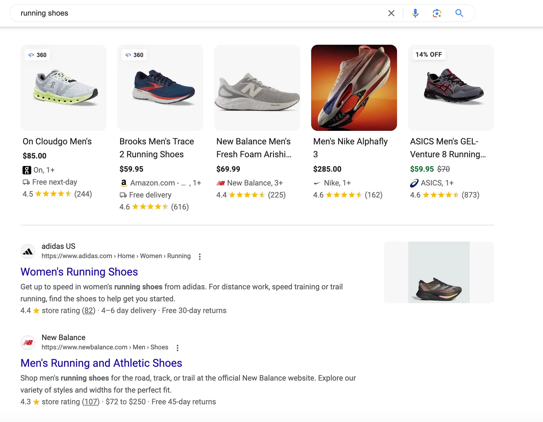 Running shoes search results example