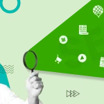 A man holding a magnifying glass with SEO-related icons symbolizing the exploration of SEO strategies.