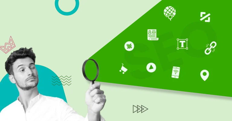 A man holding a magnifying glass with SEO-related icons symbolizing the exploration of SEO strategies.