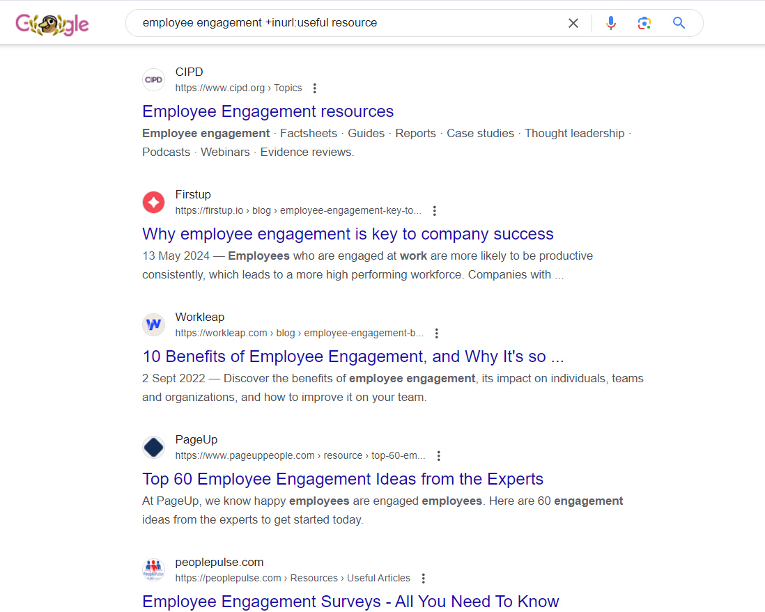 Using “Your target keyword” + inurl: useful resources search operation to find results for the keyword “employee engagement”