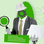 Person with a gear for a head, holding a magnifying glass and laptop, symbolizing white hat SEO practices with icons for security, analytics, and upward growth.