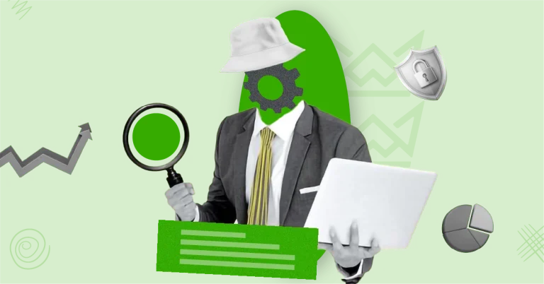 Person with a gear for a head, holding a magnifying glass and laptop, symbolizing white hat SEO practices with icons for security, analytics, and upward growth.