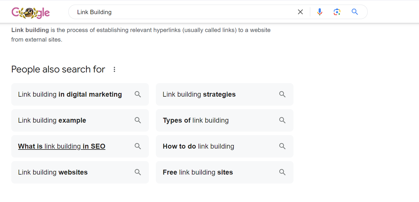 Finding zero search volume keywords for “Link Building” from People Also Ask section