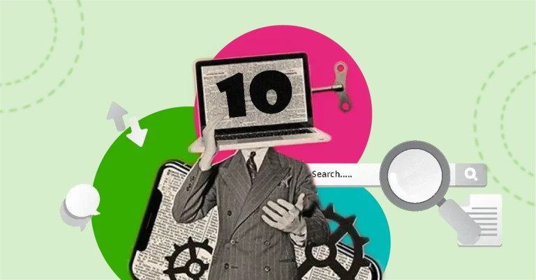 The image shows a person with a laptop head displaying the number "10" and a wind-up key. Gears and a search bar with a magnifying glass symbolize SEO, representing the "10 Essential Off-Page SEO Factors.