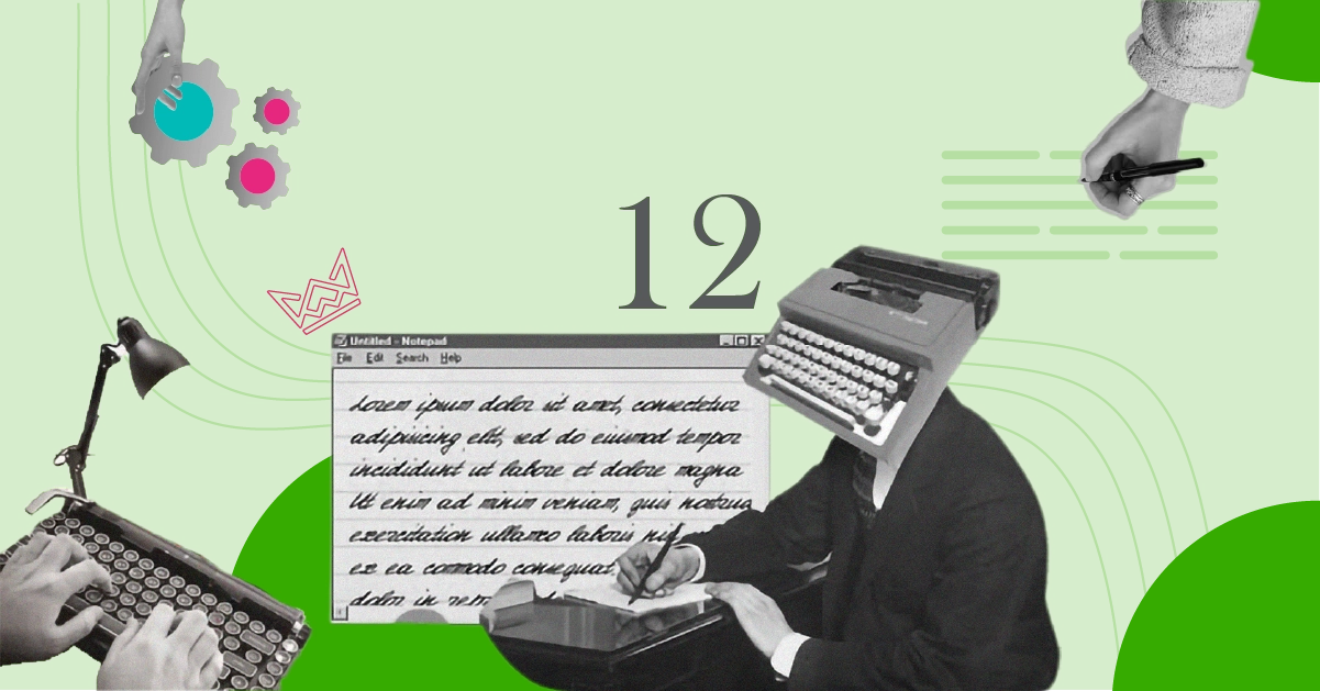 Collage on a green background with writing tools, a typewriter-headed person, and the number '12 representing '12 On-Page SEO Factors List for Better Search Rankings in 2024