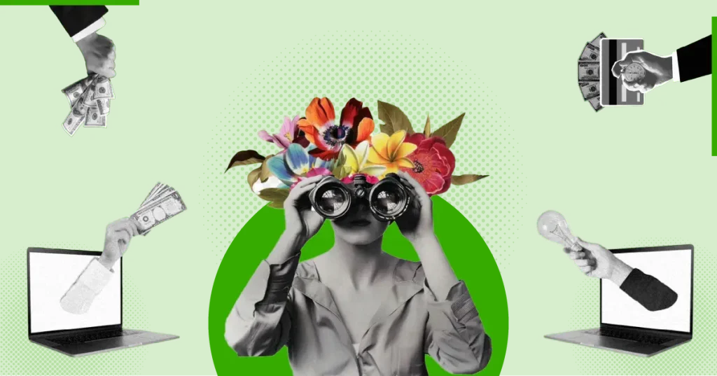 Collage on a green background with a person holding binoculars, flowers, money, laptops, and a light bulb. representing 'How To Start Affiliate Marketing and Make Money Online Guide for 2024.