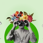 Collage on a green background with a person holding binoculars, flowers, money, laptops, and a light bulb. representing 'How To Start Affiliate Marketing and Make Money Online Guide for 2024.