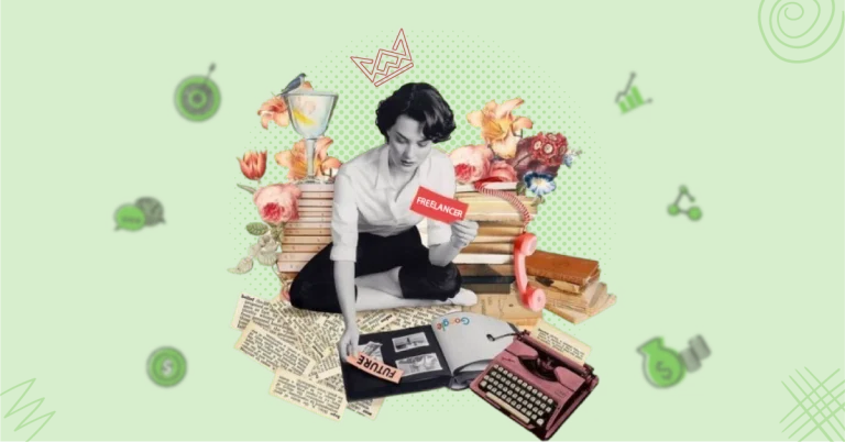 A woman sits on the floor, holding a "Freelancer" card, with books, flowers, and vintage items around her. The image symbolizes to become a freelancer step by step approach