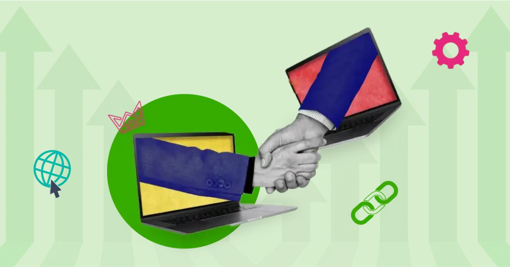 Two laptops with hands shaking from the screens, representing a digital partnership for hiring a freelance link builder, with a green background symbolizing growth.