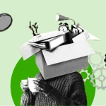 A person with a box of office supplies for a head, symbolizing multitasking. A magnifying glass and gears hint at problem-solving and improving productivity, related to hiring an SEO freelancer.