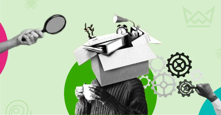 A person with a box of office supplies for a head, symbolizing multitasking. A magnifying glass and gears hint at problem-solving and improving productivity, related to hiring an SEO freelancer.