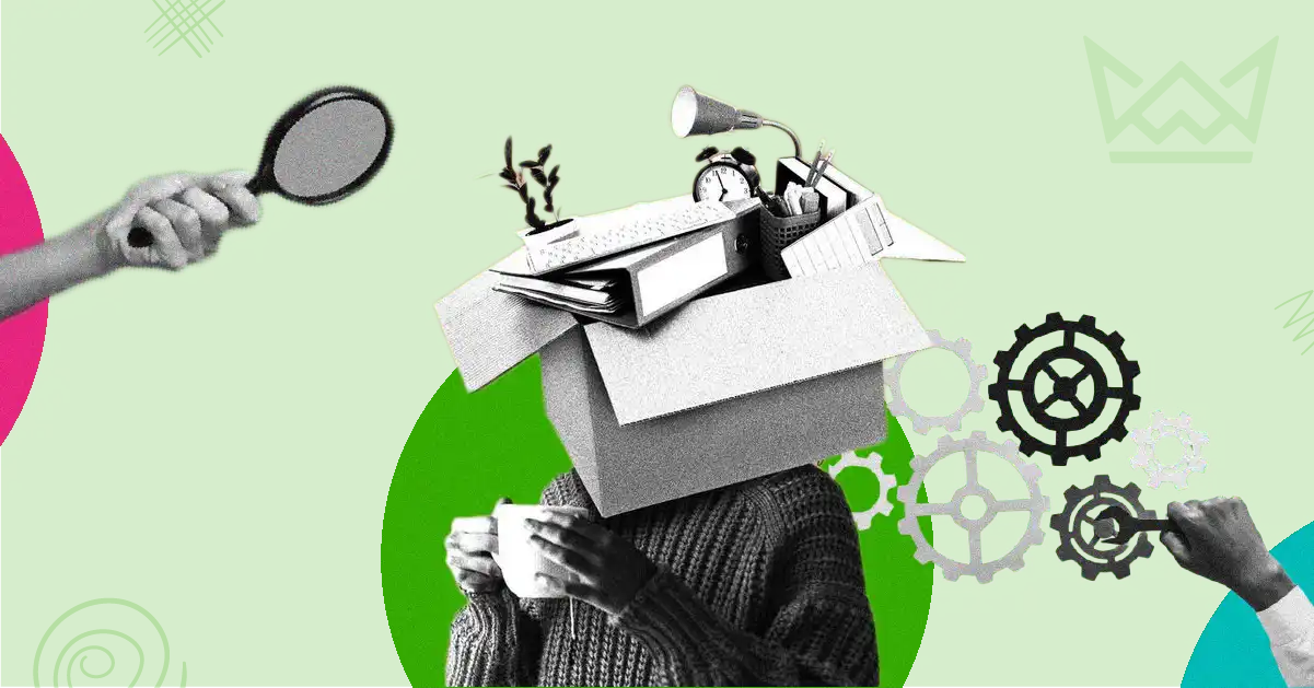 A person with a box of office supplies for a head, symbolizing multitasking. A magnifying glass and gears hint at problem-solving and improving productivity, related to hiring an SEO freelancer.