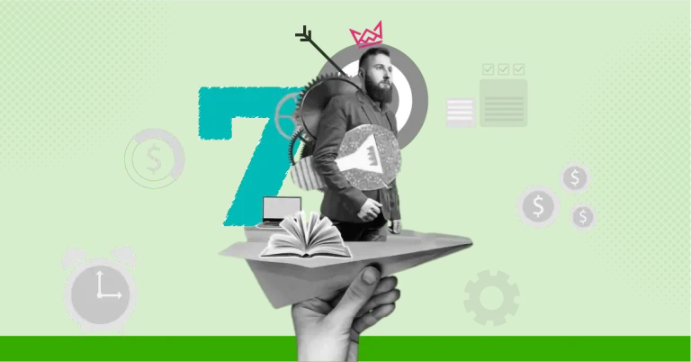 A man stands on a paper airplane with icons around him for time, money, and tasks, while a "7" in the background highlights the top 7 benefits of hiring freelancers.