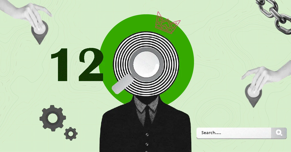 Illustration of a person with a magnifying glass as a face, set against a green background with topographic lines, gears, and map pins symbolizing local SEO and search strategies.