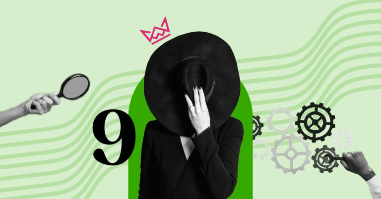 Illustration representing black hat SEO techniques with a mysterious figure in a black hat, gears symbolizing strategies, and a magnifying glass highlighting scrutiny on a vibrant green background.