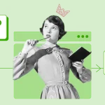 Illustration comparing dofollow and nofollow backlinks, featuring a thoughtful retro-style woman with a notepad and pencil against a green background, with icons representing links and gears for SEO concepts.