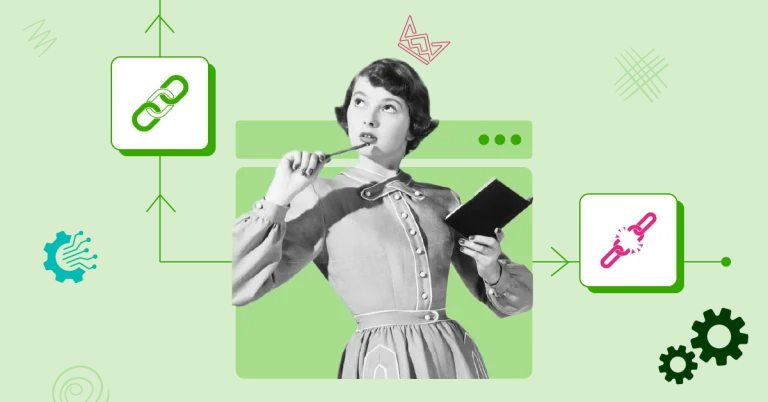 Illustration comparing dofollow and nofollow backlinks, featuring a thoughtful retro-style woman with a notepad and pencil against a green background, with icons representing links and gears for SEO concepts.