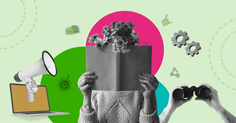 Digital marketing collage: a person with a book and flowers for creativity, a megaphone from a laptop for online ads, binoculars for strategy, and gears for tools on a vibrant green background.