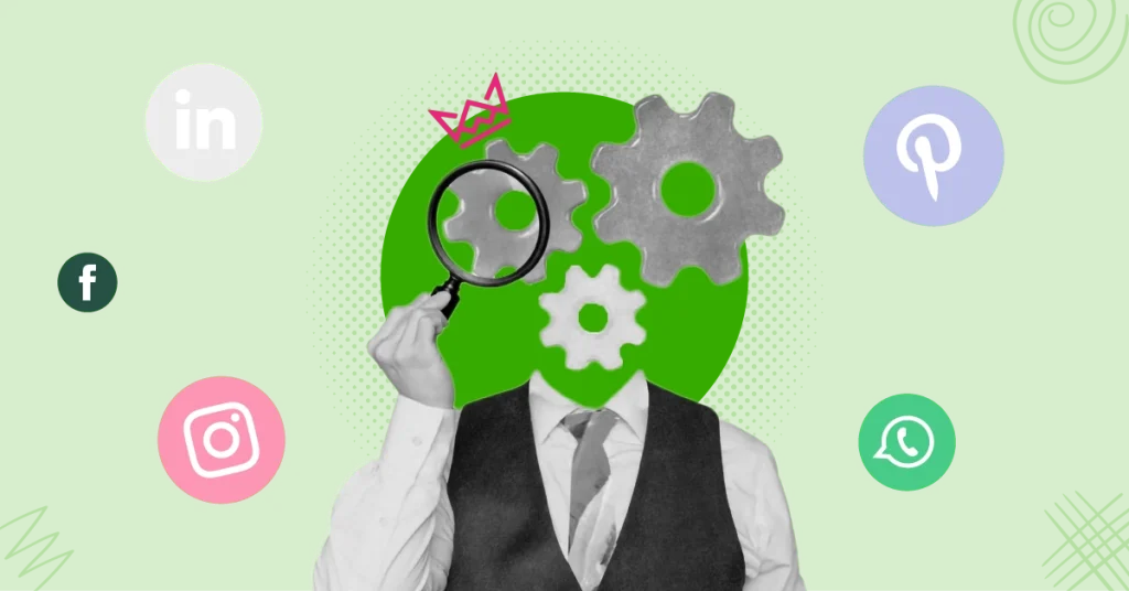 Person with gears for a head holding a magnifying glass, surrounded by social media icons (LinkedIn, Facebook, Instagram, Pinterest, WhatsApp) on a green background, symbolizing strategy and connectivity.