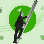 Professional climbing a ladder with a crown icon, symbolizing freelancer success, set against a green background with icons for goals and strategies.