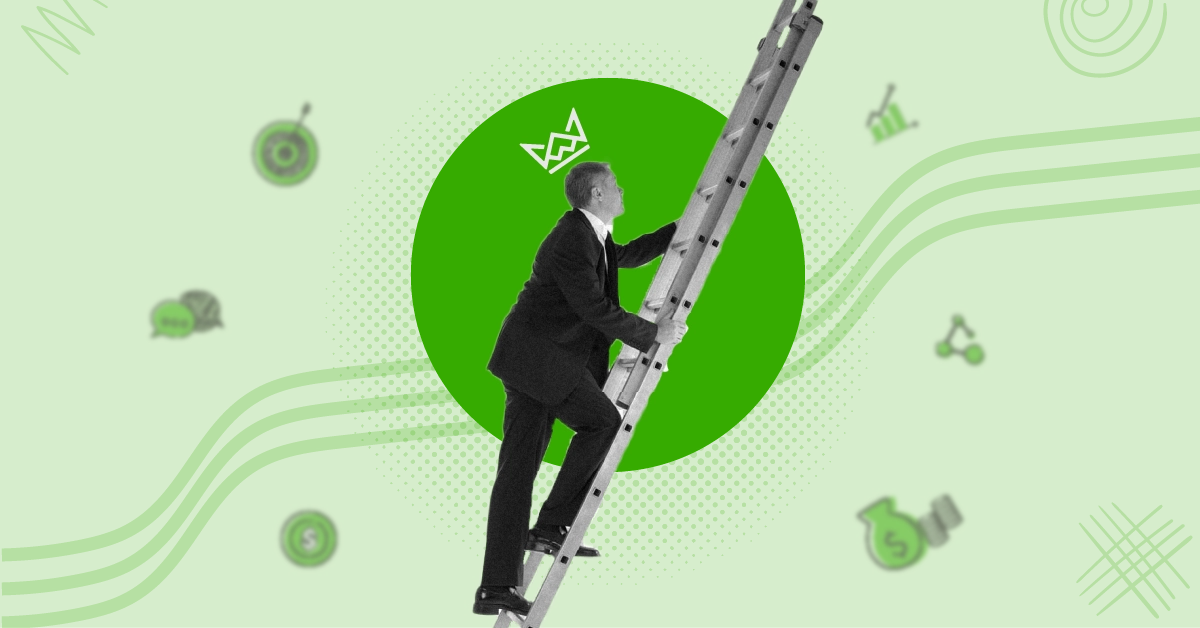 Professional climbing a ladder with a crown icon, symbolizing freelancer success, set against a green background with icons for goals and strategies.