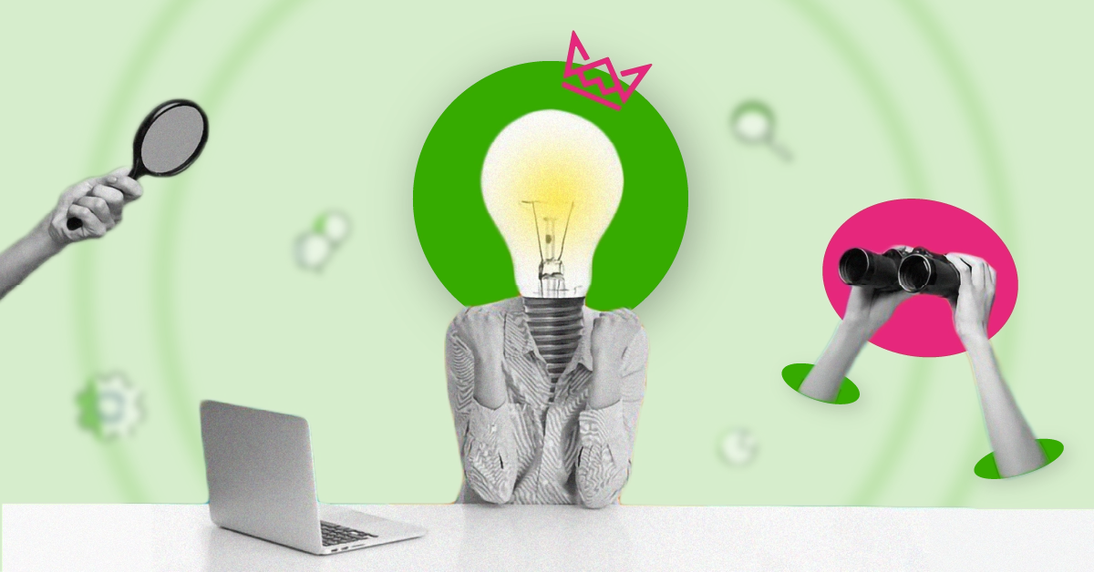 How to Hire a Digital Marketing Freelancer: A depiction of innovation with a light bulb figure, magnifying glass, and binoculars on a green background