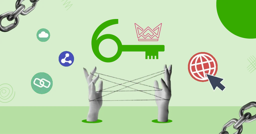 Illustration of backlink outsourcing: hands with strings symbolizing links, sharing and cloud icons, chain links, a globe with a cursor, and a crown for expertise