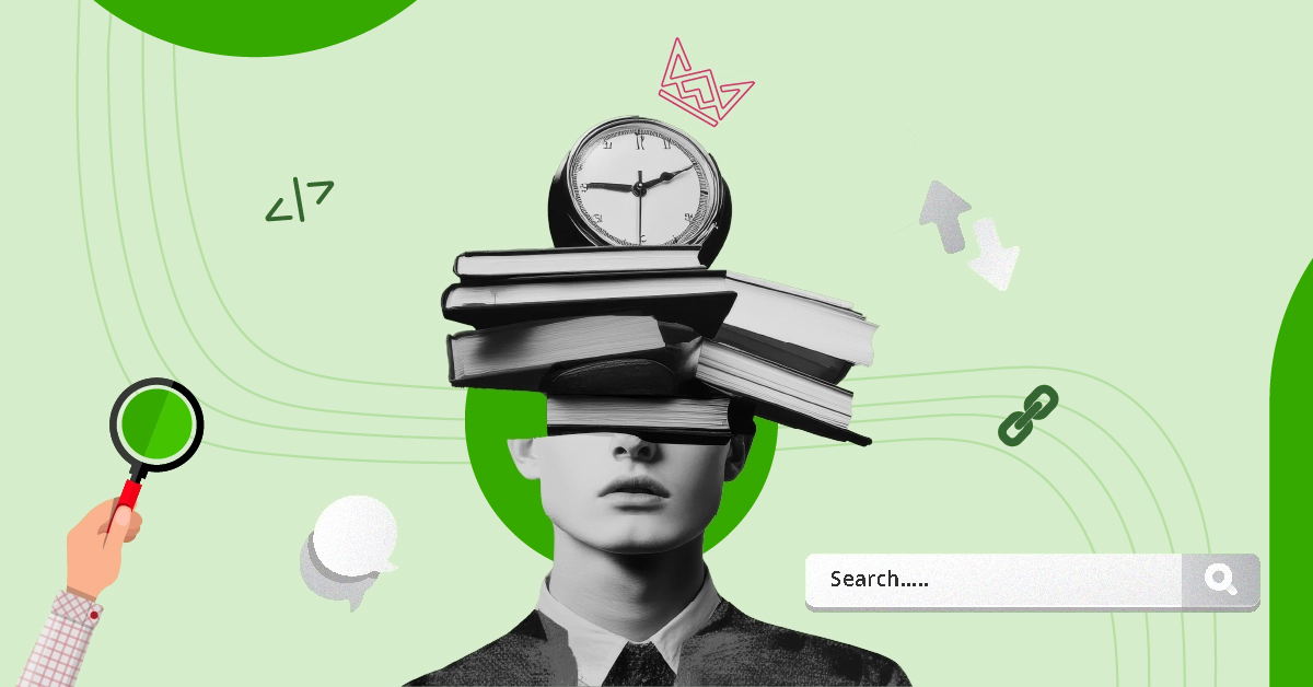 llustration depicting off-page SEO strategies with a person balancing books and a clock, surrounded by symbols representing search, links, and collaboration.