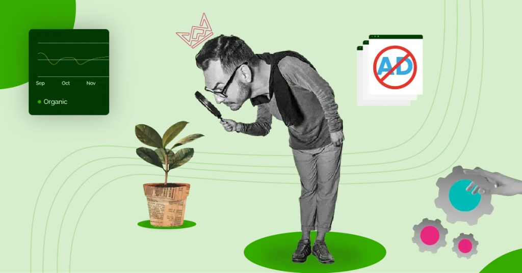 Illustration of organic SEO: a man examines a plant in a newspaper pot, symbolizing traffic growth; a graph shows steady organic traffic; 'No Ads' icons and gears represent non-paid strategies and optimization.