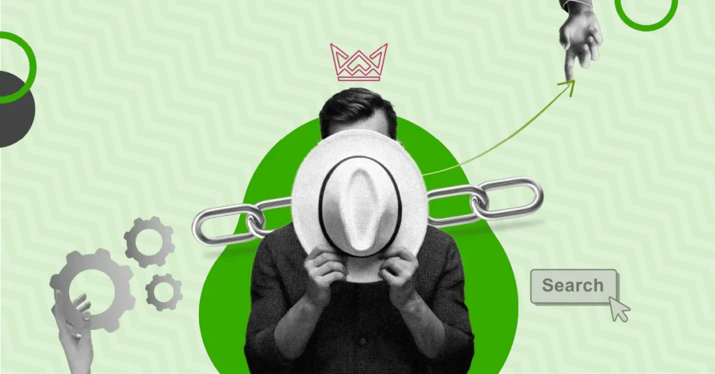 Illustration of white-hat link-building: a person with a white hat, chain links for backlinks, gears for SEO, and a 'Search' button on a green patterned background