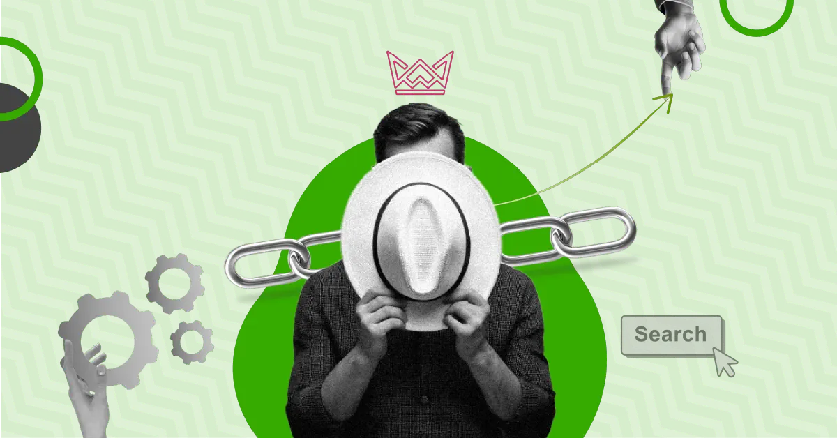 Illustration of white-hat link-building: a person with a white hat, chain links for backlinks, gears for SEO, and a 'Search' button on a green patterned background