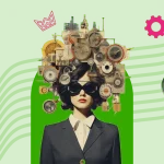 Illustration for link building: A woman with a collage of gears as her head, surrounded by a magnifying glass, gears, and a globe on a green background, symbolizing SEO strategy and connectivity.