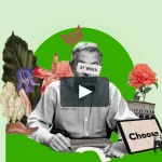 Collage-style illustration featuring a person with a note reading 'At Work' on their face, surrounded by flowers, a 'Choose' sign, and icons representing video, music, and target goals, symbolizing creativity and decision-making in hiring a freelance video editor.