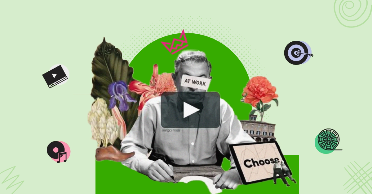 Collage-style illustration featuring a person with a note reading 'At Work' on their face, surrounded by flowers, a 'Choose' sign, and icons representing video, music, and target goals, symbolizing creativity and decision-making in hiring a freelance video editor.