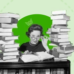 Retro-style illustration of a woman reading a book surrounded by tall stacks of books, symbolizing knowledge and expertise, with icons representing tasks, money, and processes, on a green background.