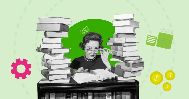 Retro-style illustration of a woman reading a book surrounded by tall stacks of books, symbolizing knowledge and expertise, with icons representing tasks, money, and processes, on a green background.