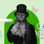 Illustration for "Technical SEO Guide" with a vintage-styled woman, gears, chains, and a search bar on a green background, symbolizing SEO innovation.