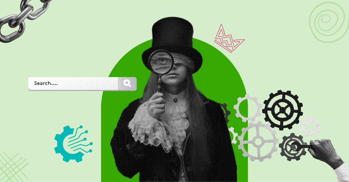 Illustration for "Technical SEO Guide" with a vintage-styled woman, gears, chains, and a search bar on a green background, symbolizing SEO innovation.