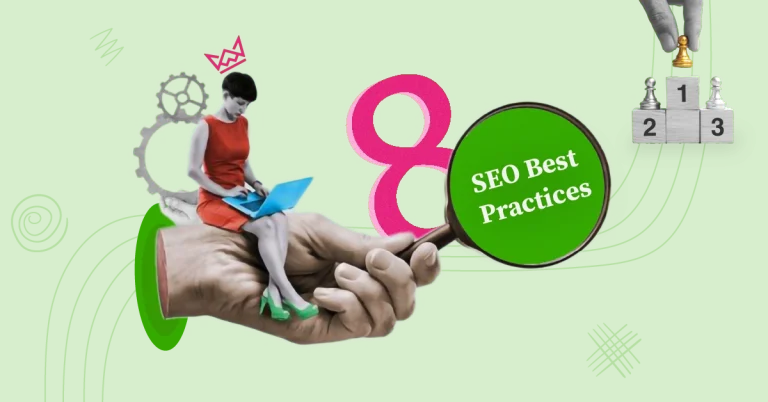 A creative illustration showcasing "SEO Best Practices" with a woman using a laptop, a magnifying glass highlighting the text, and elements representing ranking and gears, set on a vibrant green background