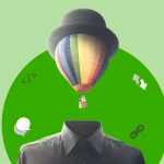 Illustration for Grey Hat SEO: A hot air balloon as a head with gears, coding symbols, a magnifying glass, and chain links on a green background, symbolizing unconventional SEO techniques.