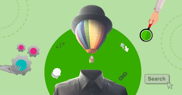 Illustration for Grey Hat SEO: A hot air balloon as a head with gears, coding symbols, a magnifying glass, and chain links on a green background, symbolizing unconventional SEO techniques.