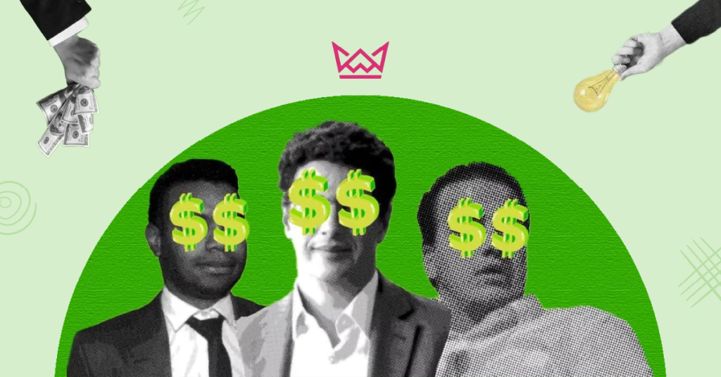 Three faces of men in suits on a green background, flanked by a hand holding money and another holding a lightbulb. This visual represents the intersection of finance and innovation in business - Affiliate Marketing Strategy