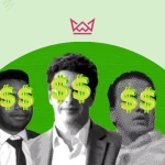 Three faces of men in suits on a green background, flanked by a hand holding money and another holding a lightbulb. This visual represents the intersection of finance and innovation in business - Affiliate Marketing Strategy