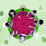 Illustration of a stopwatch with people in a meeting, symbolizing time management and teamwork. Highlights "Do companies hire freelancers?" and "Companies that hire freelancers.