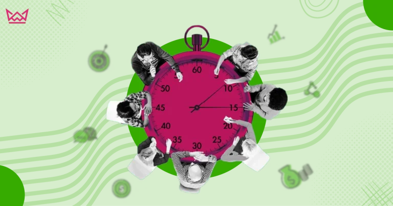 Illustration of a stopwatch with people in a meeting, symbolizing time management and teamwork. Highlights "Do companies hire freelancers?" and "Companies that hire freelancers.