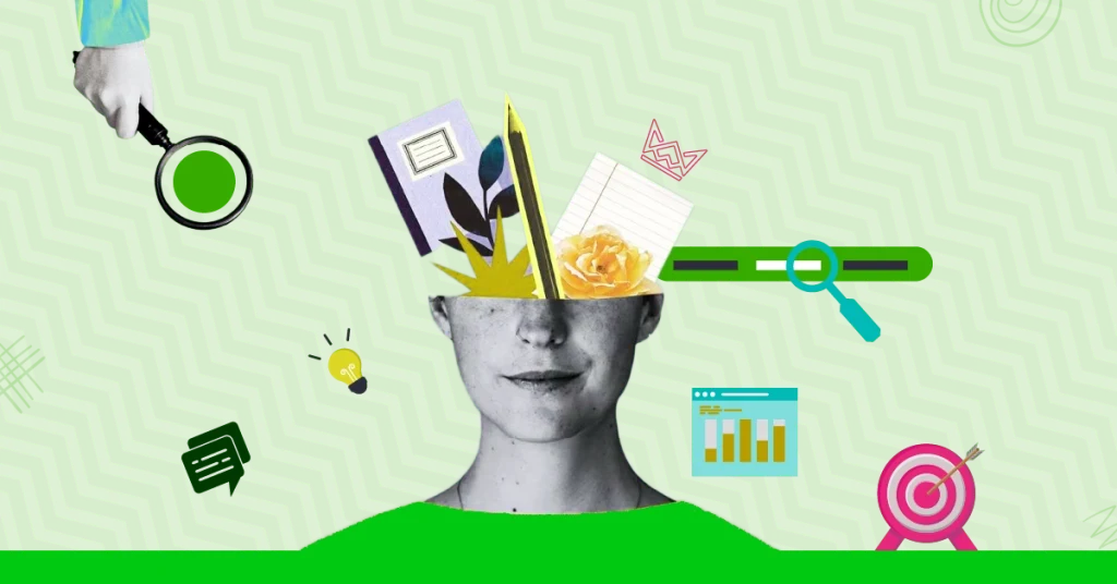 An image showing a head with creative elements like a notebook, flowers, and a magnifying glass emerging, set against a green zigzag background with icons for analytics and targets - Types of Keywords in SEO